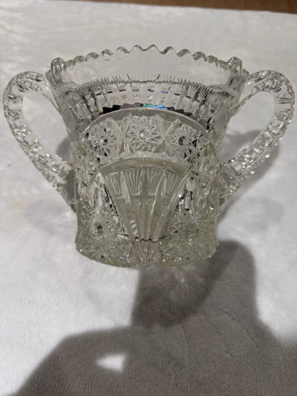 Lg Antique Glass Biscuit Jar No Lid: Cambridge Glass Forks Pattern EAPG